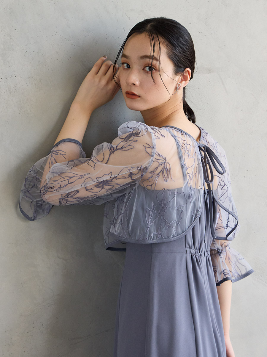 2WAY線描フラワー刺繍ボレロセットドレス